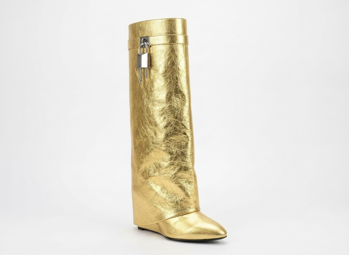 Botte haute doré Cuir Femme - Cadenas argenté