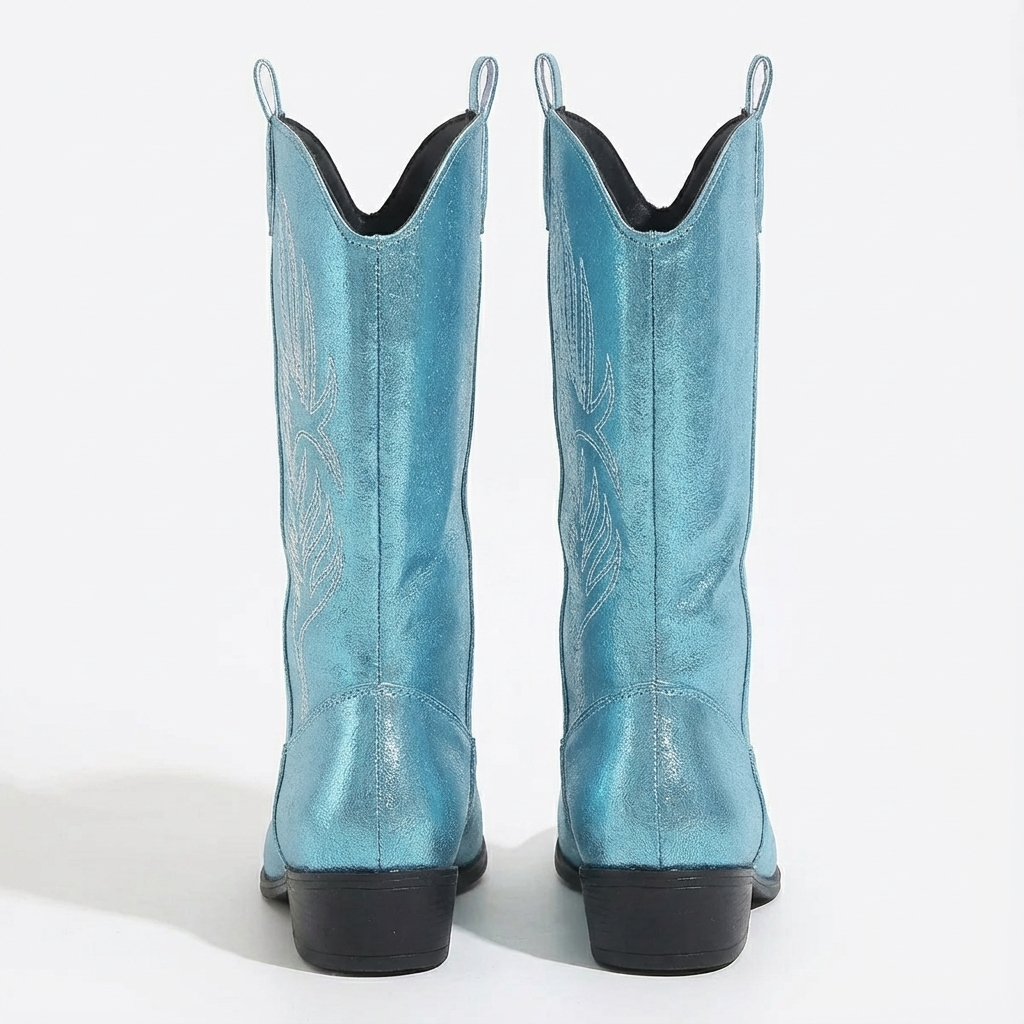 Santiag mi-haute bleu Synthétique Femme - Effet métallique, broderies géométriques