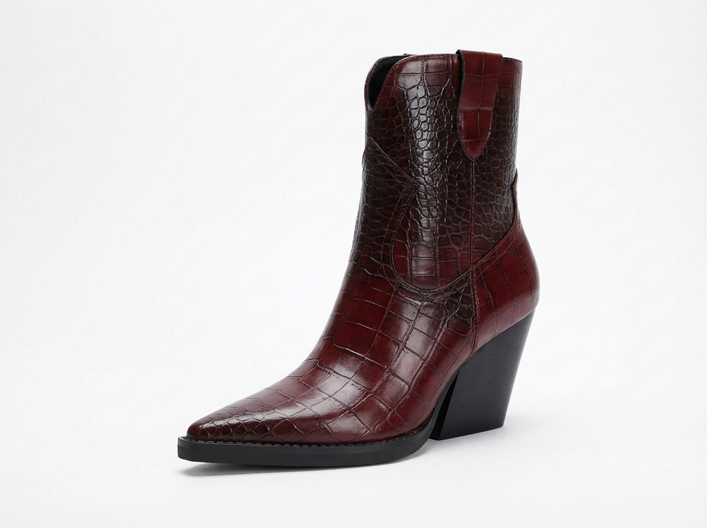 Santiag mi-haute marron foncé Synthétique Femme - Bout pointu, croco, talon incliné
