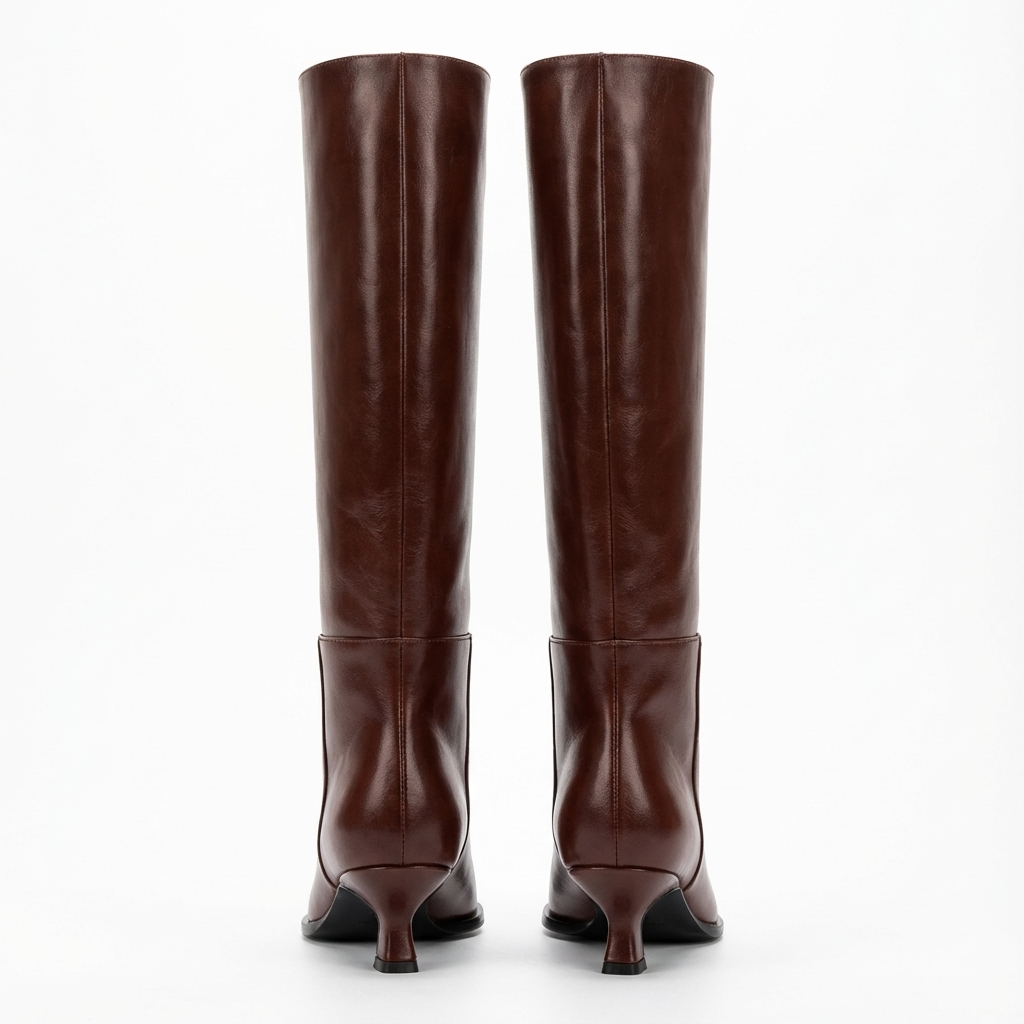 Botte haute marron foncé Cuir Femme - Bout pointu, talon évasé