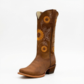Santiag haute marron Simili Cuir Femme - Broderies tournesols