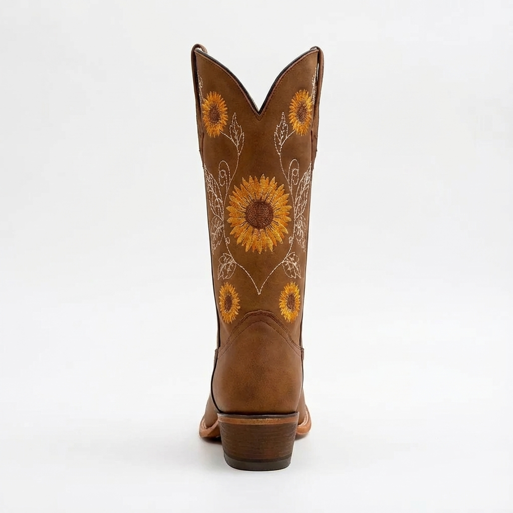 Santiag haute marron Simili Cuir Femme - Broderies tournesols