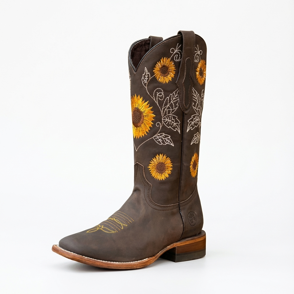 Santiag haute marron Simili Cuir Femme - Broderies florales colorées