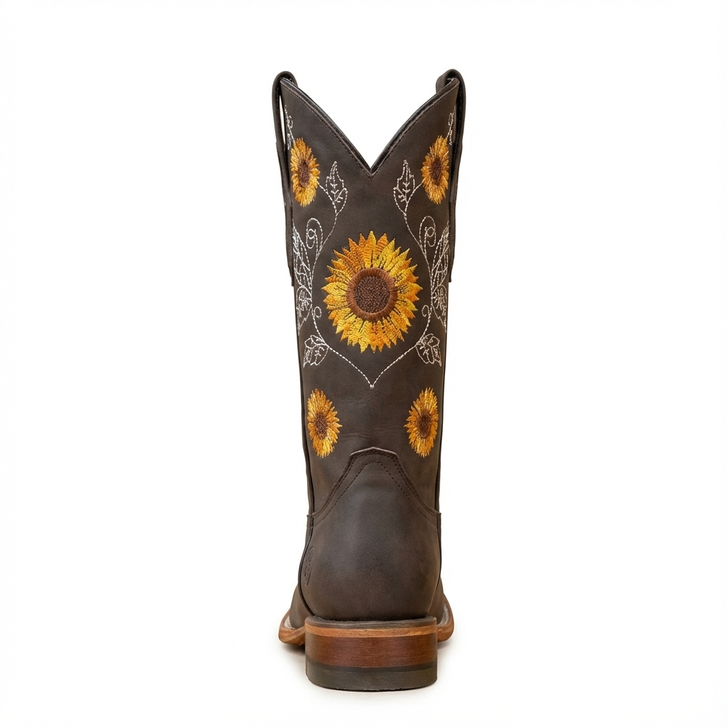 Santiag haute marron Simili Cuir Femme - Broderies florales colorées