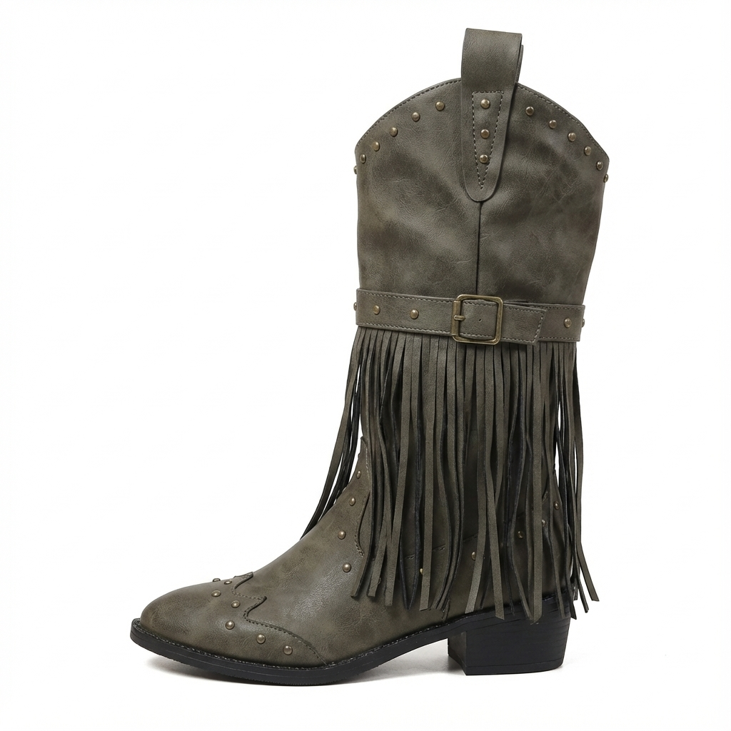 Santiag mi-haute gris Synthétique Femme - Franges longues, rivets