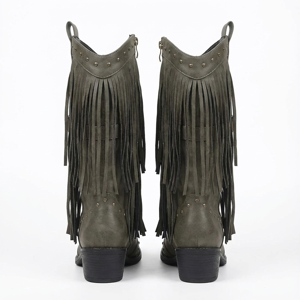 Santiag mi-haute gris Synthétique Femme - Franges longues, rivets