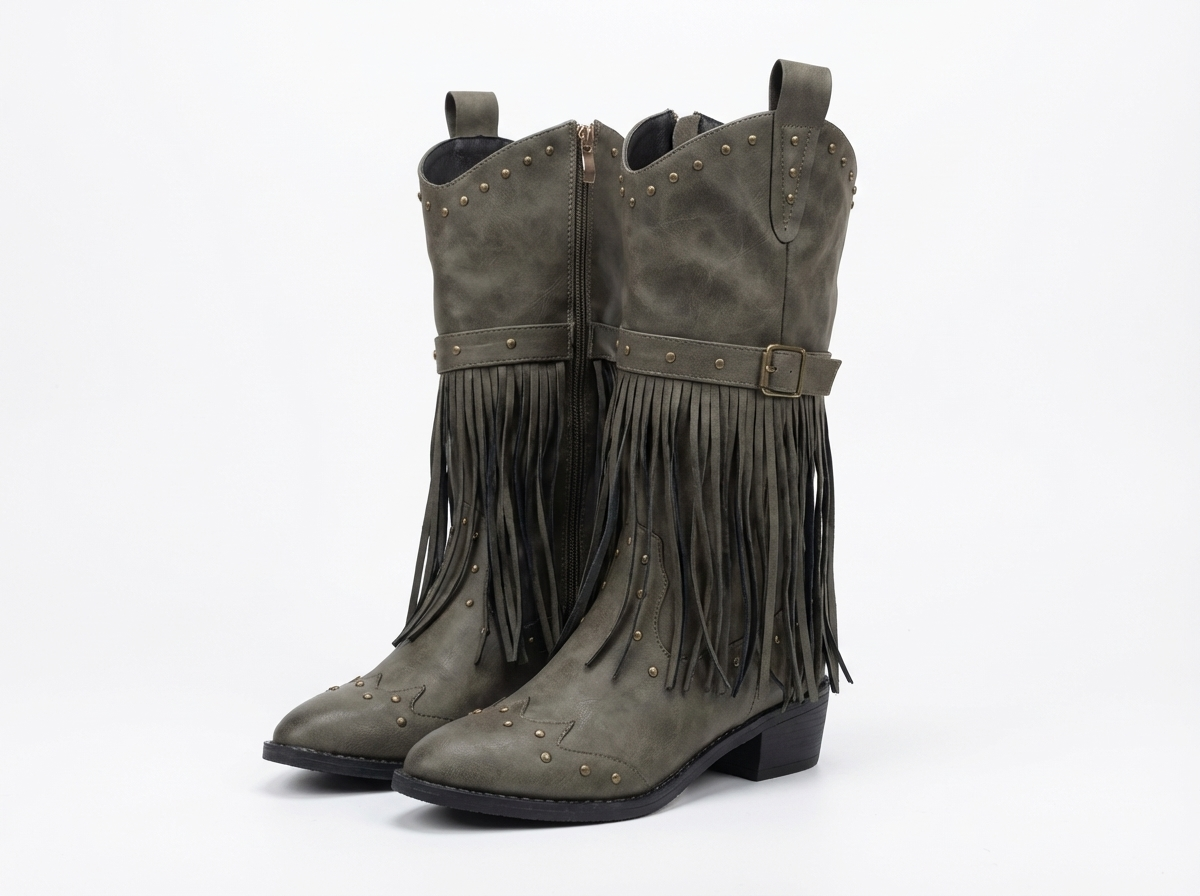 Santiag mi-haute gris Synthétique Femme - Franges longues, rivets