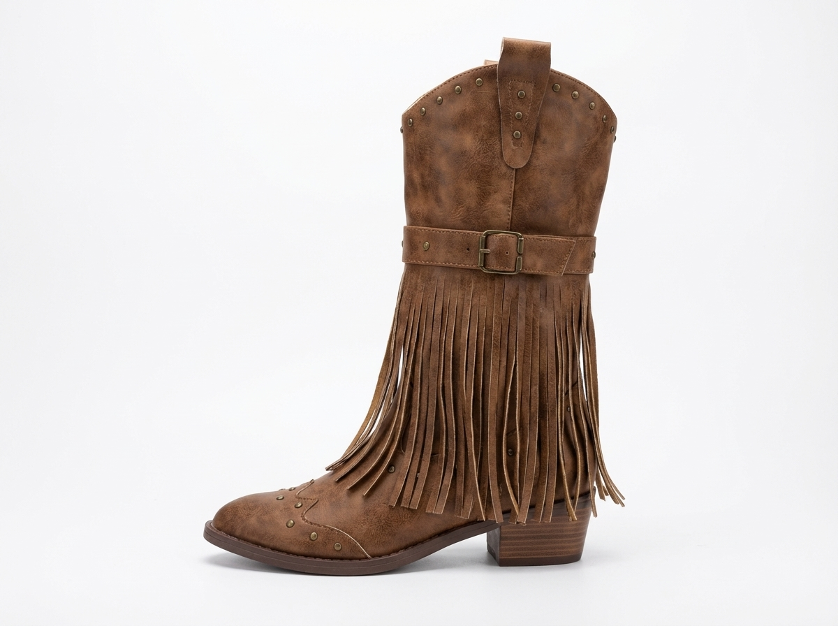 Santiag mi-haute marron Synthétique Femme - Franges, style cowboy
