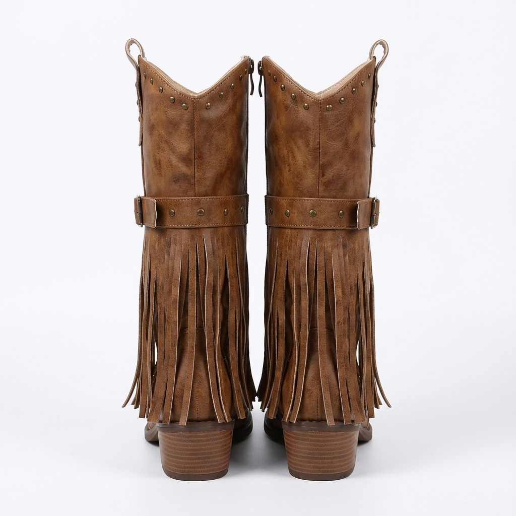 Santiag mi-haute marron Synthétique Femme - Franges, style cowboy