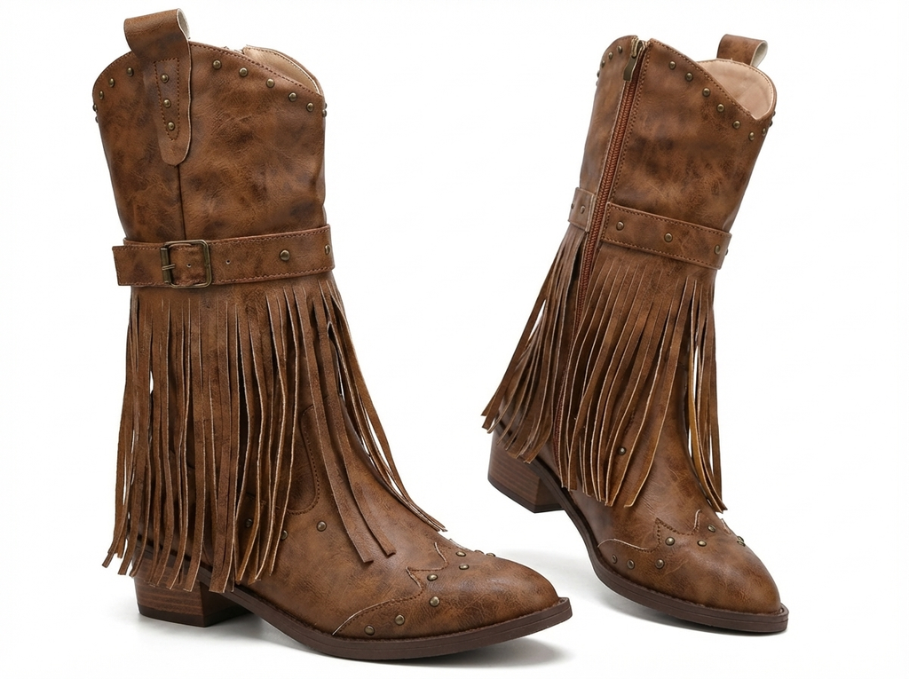 Santiag mi-haute marron Synthétique Femme - Franges, style cowboy