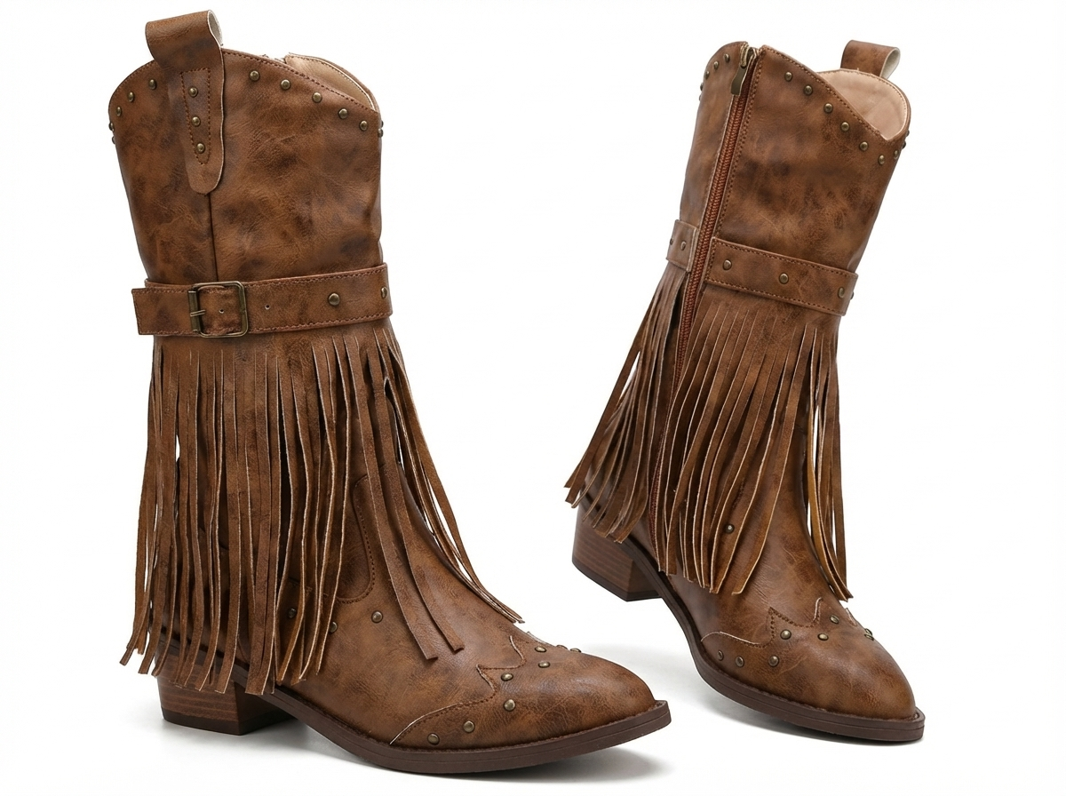 Santiag mi-haute marron Synthétique Femme - Franges, style cowboy