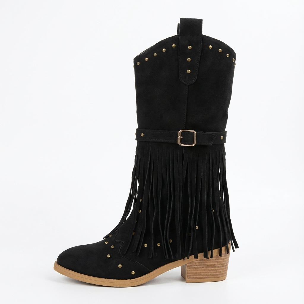 Santiag mi-haute noir Daim Femme - Franges longues, clous