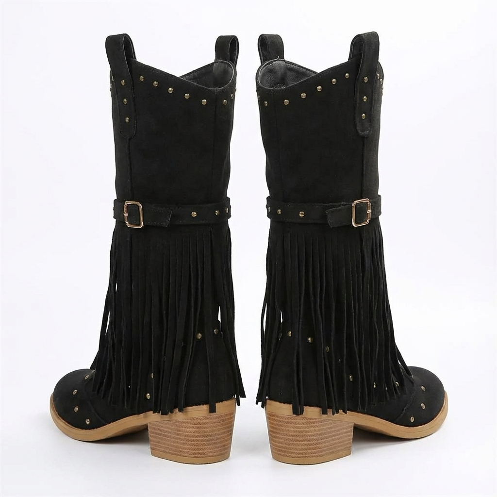 Santiag mi-haute noir Daim Femme - Franges longues, clous