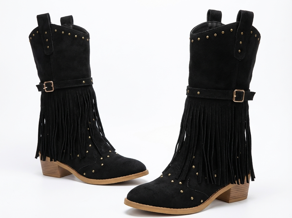 Santiag mi-haute noir Daim Femme - Franges longues, clous