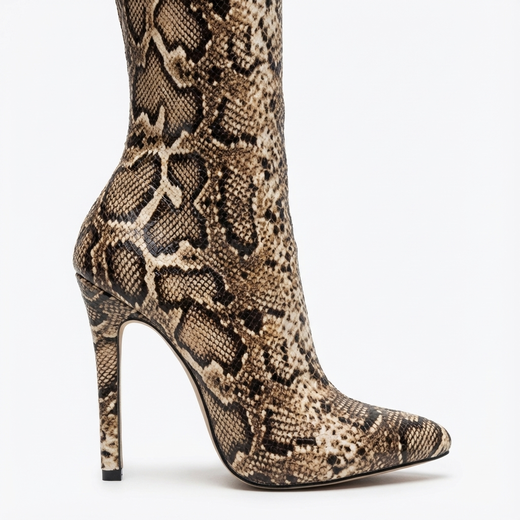 Botte haute marron clair Synthétique Femme - Motif python, talon aiguille