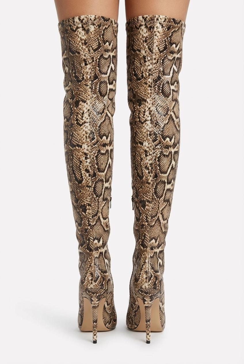 Botte haute marron clair Synthétique Femme - Motif python, talon aiguille