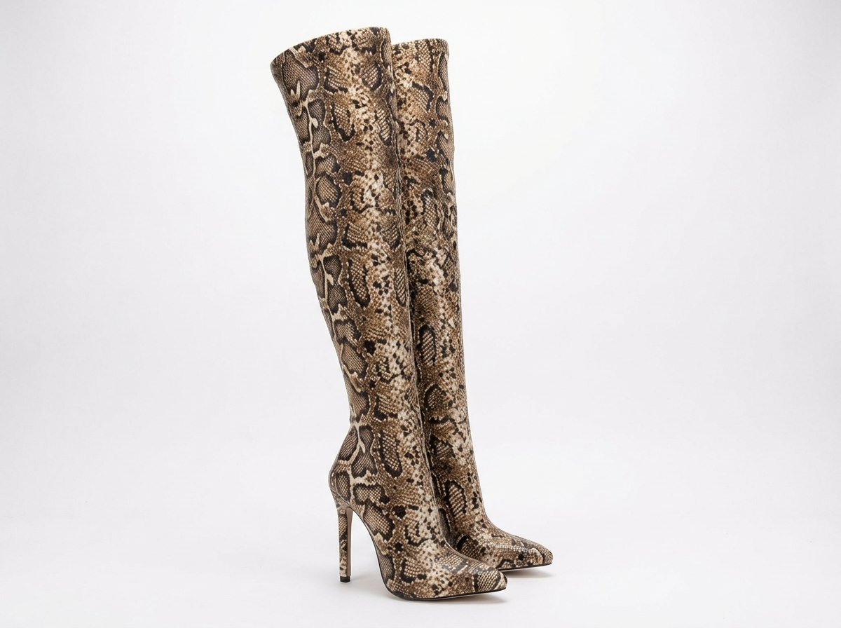 Botte haute marron clair Synthétique Femme - Motif python, talon aiguille