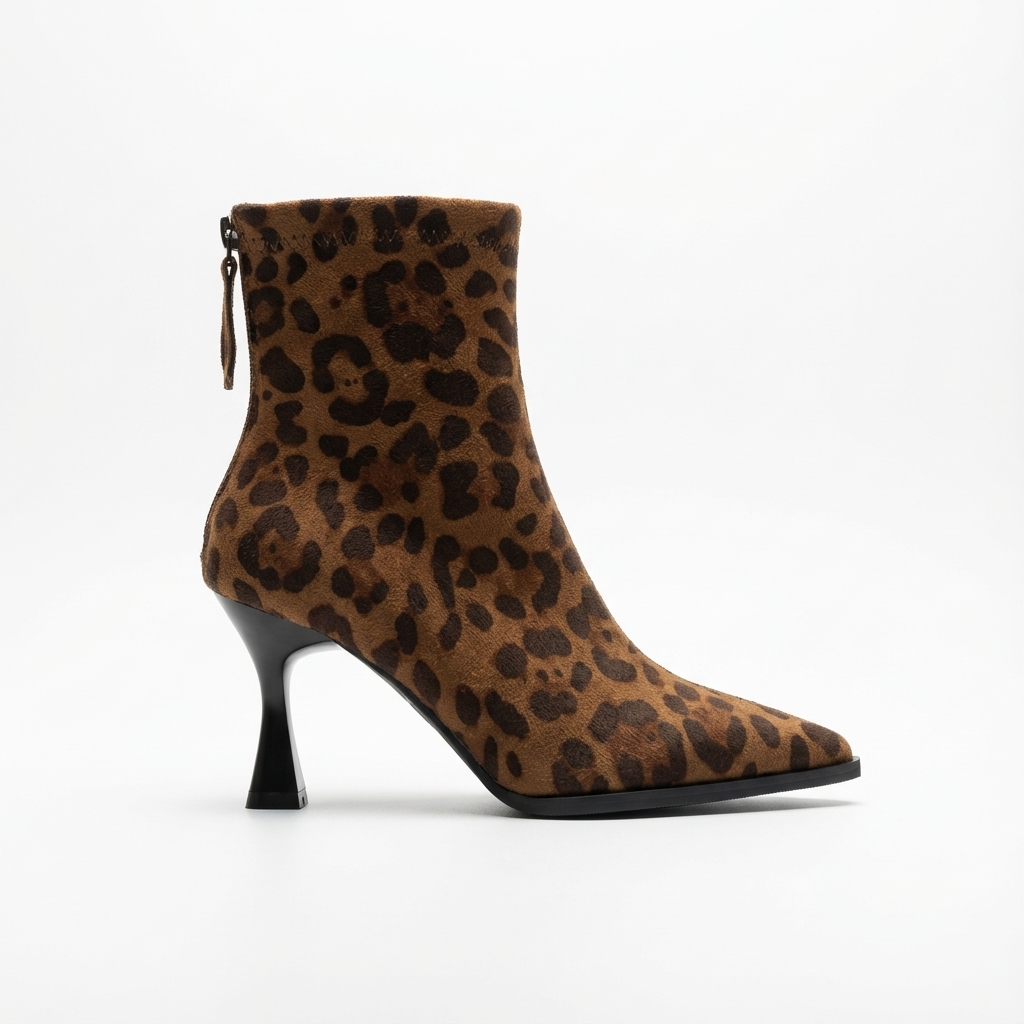 Bottine à talon marron Daim Synthétique Femme - Léopard, talon conique