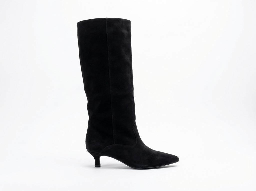 Botte haute noir Daim Synthétique Femme - Talon kitten, tige ajustée