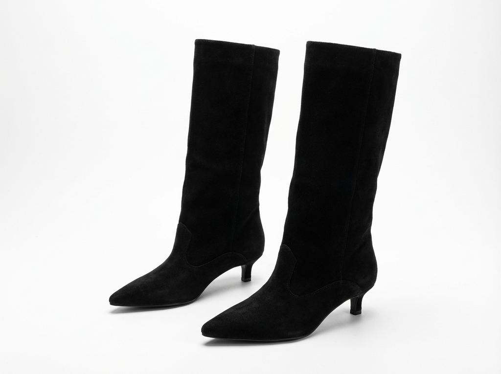 Botte haute noir Daim Synthétique Femme - Talon kitten, tige ajustée