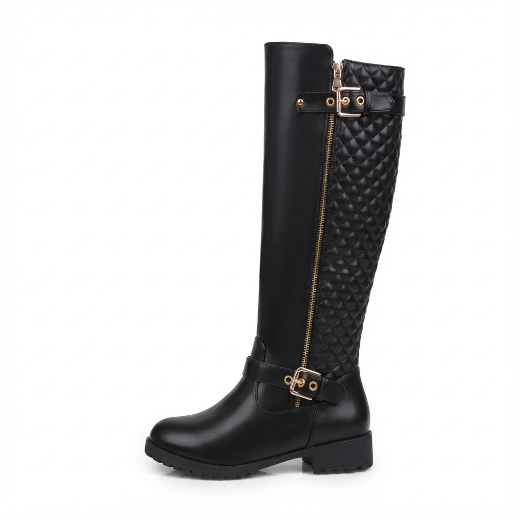 Botte haute noir Simili Cuir Femme - Chaîne dorée, effet matelassé