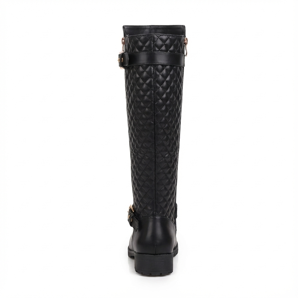 Botte haute noir Simili Cuir Femme - Chaîne dorée, effet matelassé