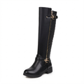 Botte haute noir Simili Cuir Femme - Chaîne dorée, effet matelassé