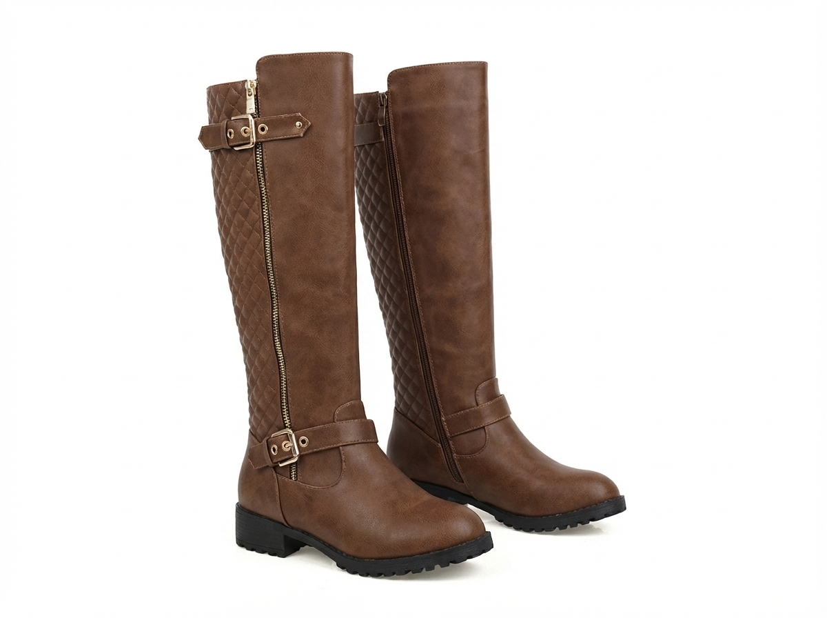 Botte haute marron Synthétique Femme - Style cowboy, boucle dorée