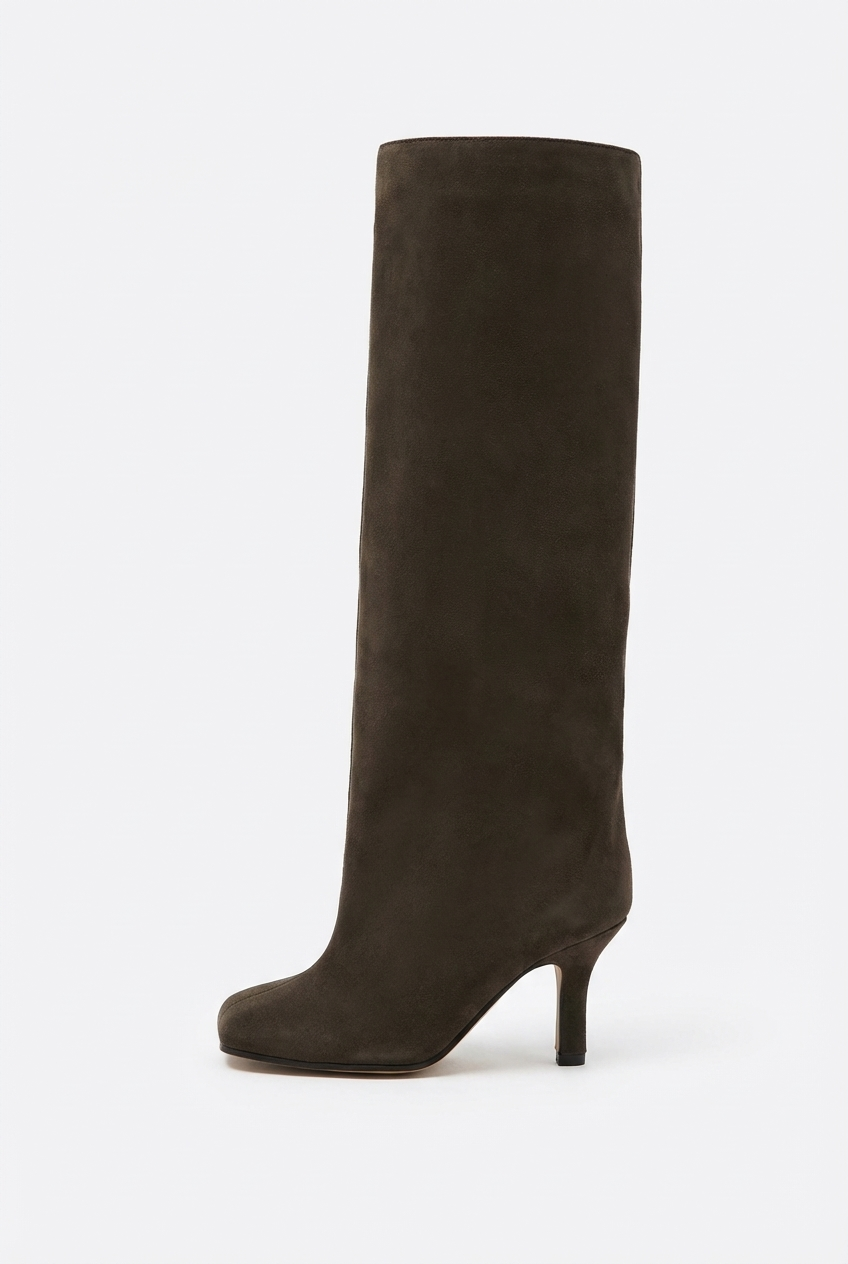 Botte haute marron foncé Daim Synthétique Femme - Bout rond, zip latéral