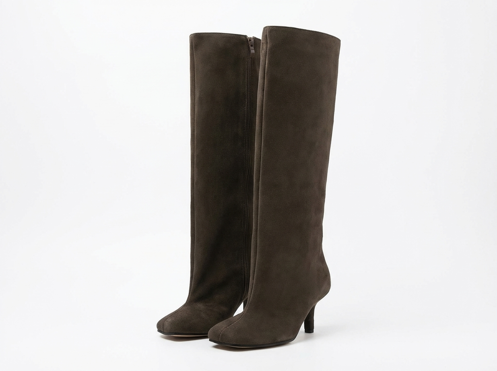 Botte haute marron foncé Daim Synthétique Femme - Bout rond, zip latéral