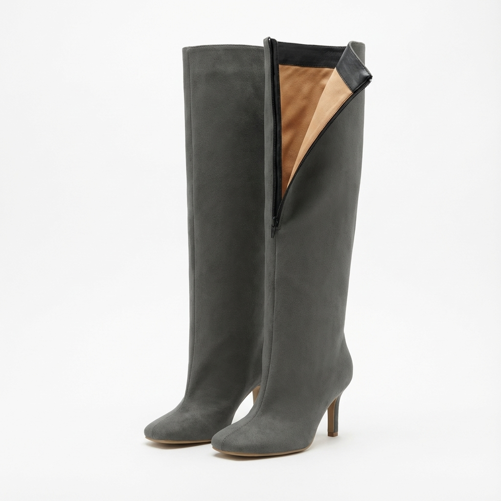 Botte haute gris Daim Synthétique Femme - Talon épais