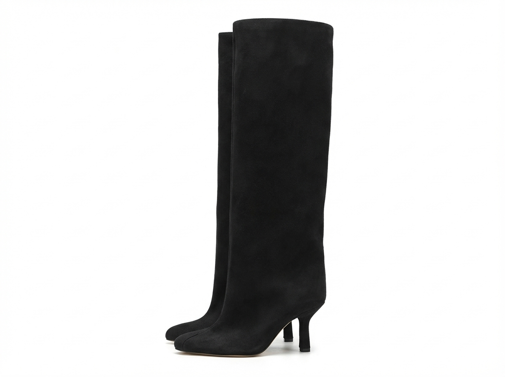 Botte haute noir Daim Synthétique Femme - Doublure camel, talon aiguille
