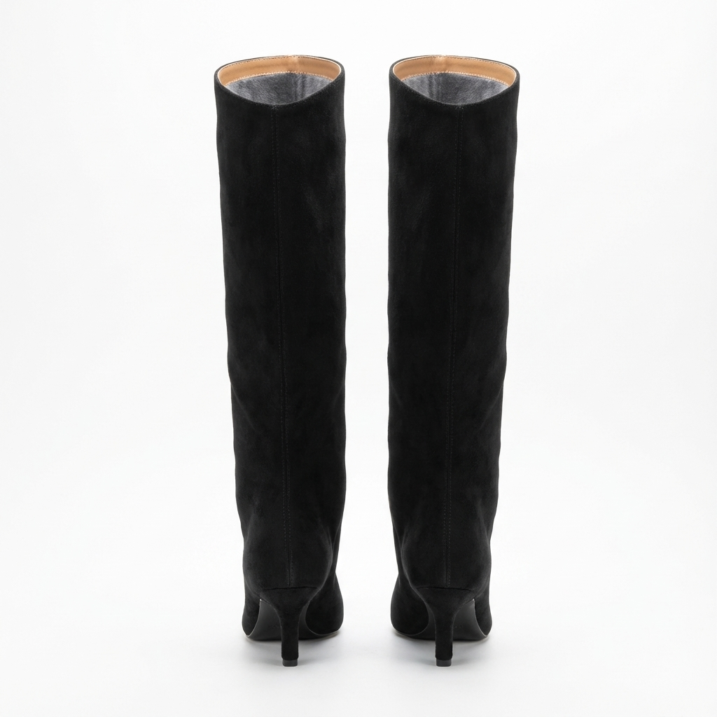 Botte haute noir Daim Synthétique Femme - Doublure camel, talon aiguille