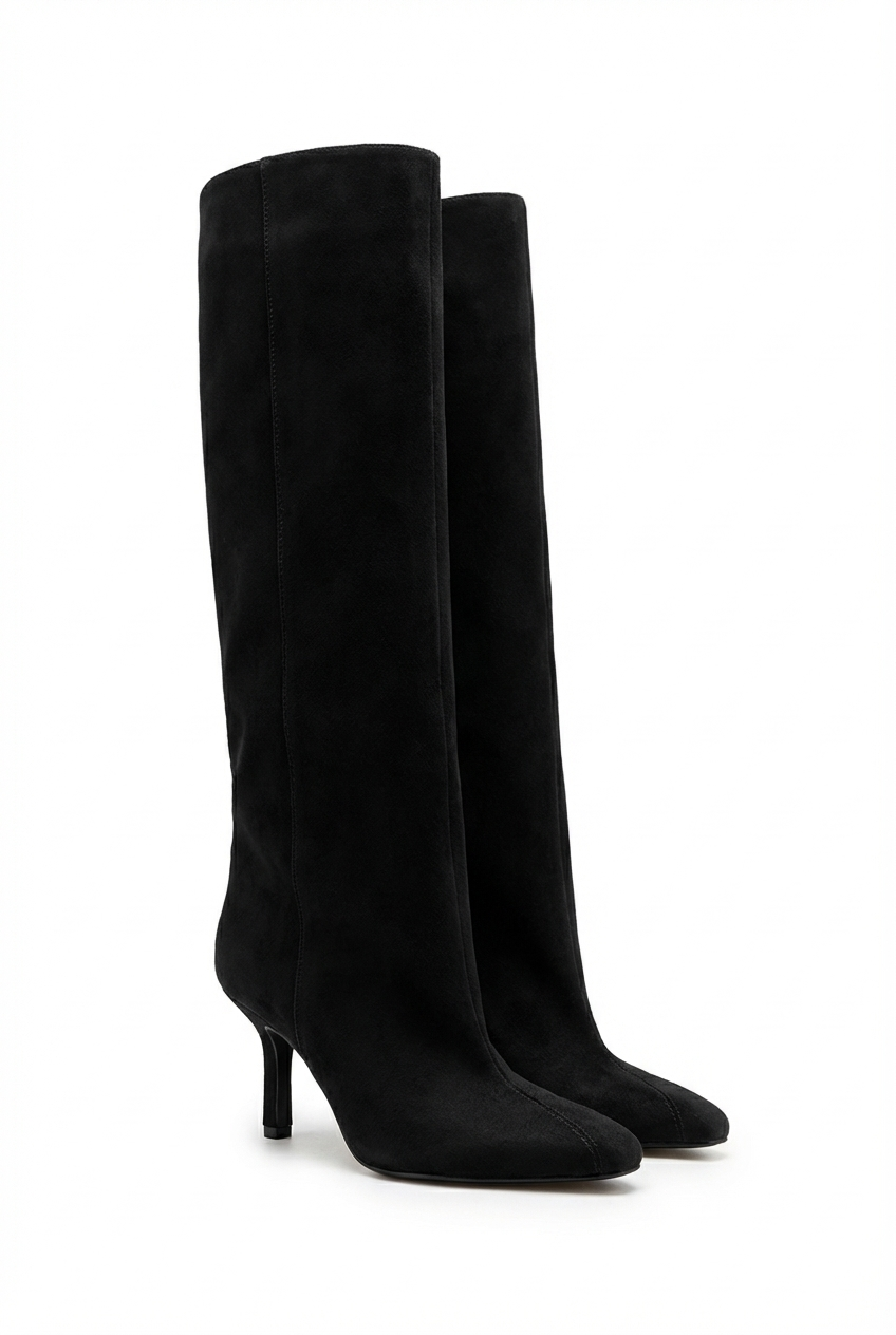 Botte haute noir Daim Synthétique Femme - Tige large, talon aiguille