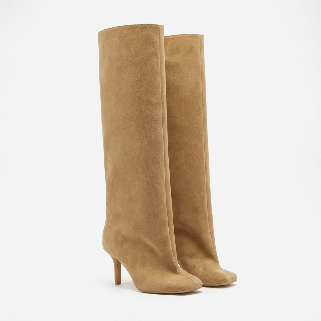 Botte haute camel Daim Synthétique Femme - Tige large, bout arrondi