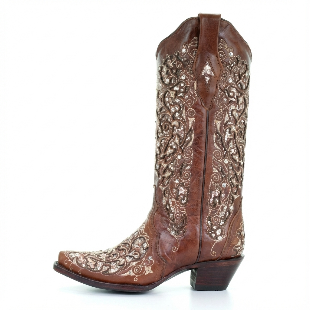 Santiag mi-haute marron Simili Cuir Femme - Broderies florales ornementées