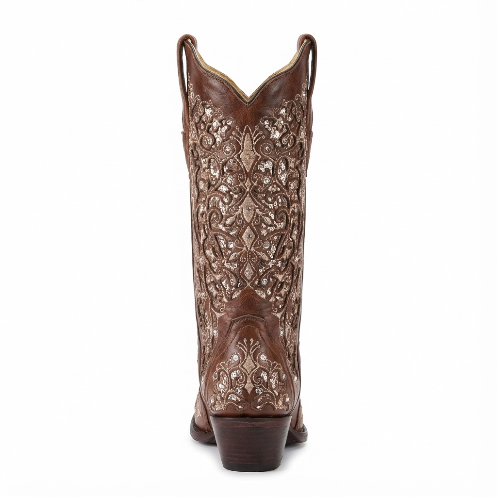 Santiag mi-haute marron Simili Cuir Femme - Broderies florales ornementées