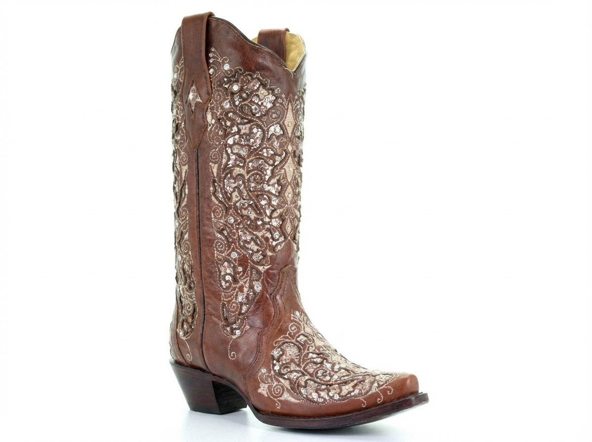 Santiag mi-haute marron Simili Cuir Femme - Broderies florales ornementées