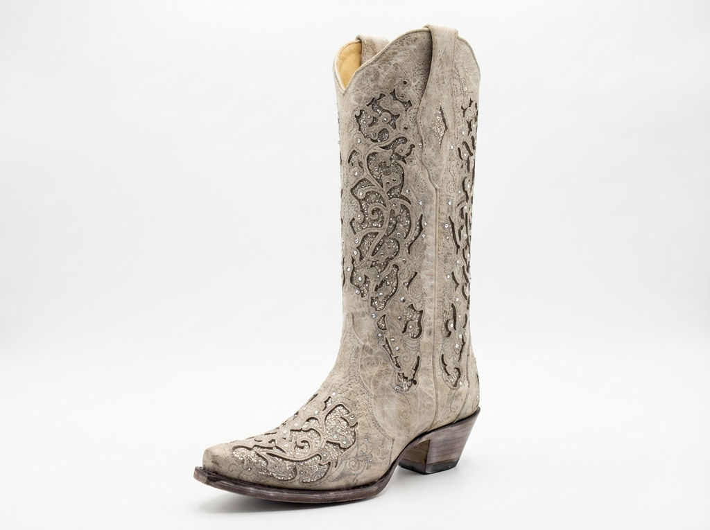 Santiag mi-haute beige Synthétique Femme - Broderies, ornements