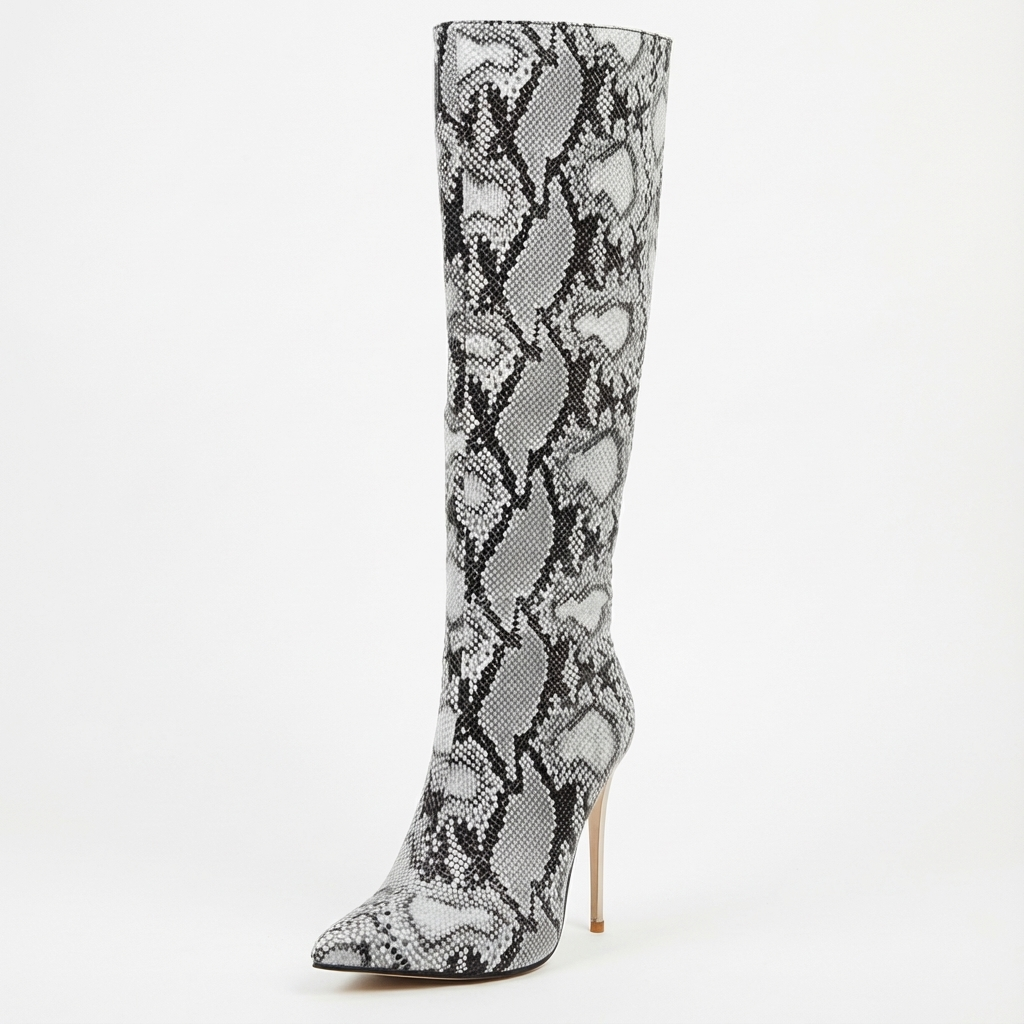 Botte haute gris Synthétique Femme - Motif python, talon aiguille
