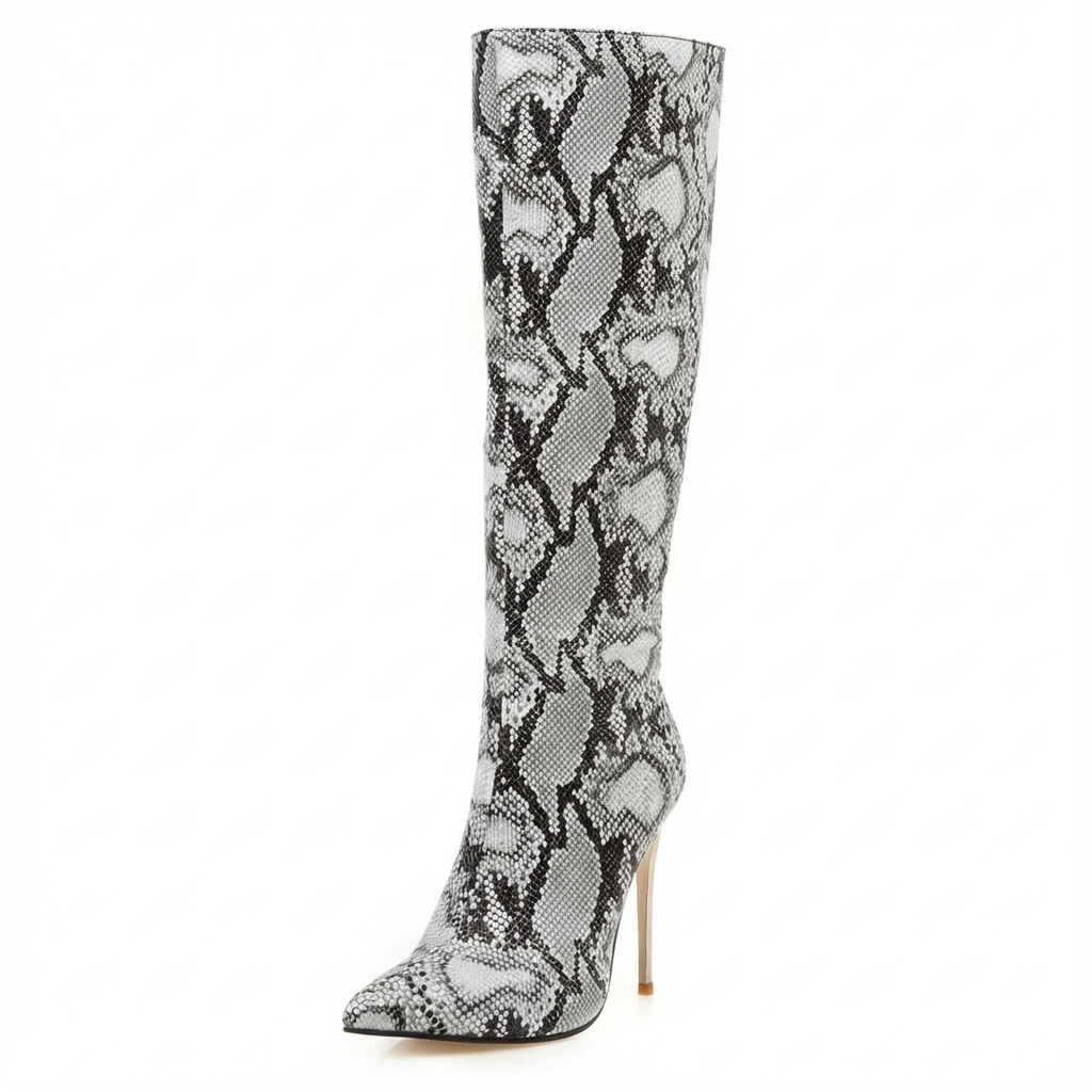 Botte haute gris Synthétique Femme - Motif python, talon aiguille