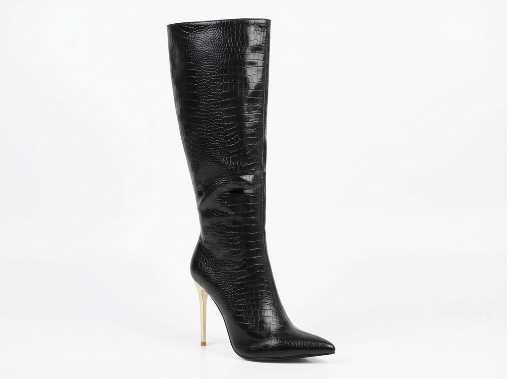 Botte haute noir Synthétique Femme - Motif crocodile