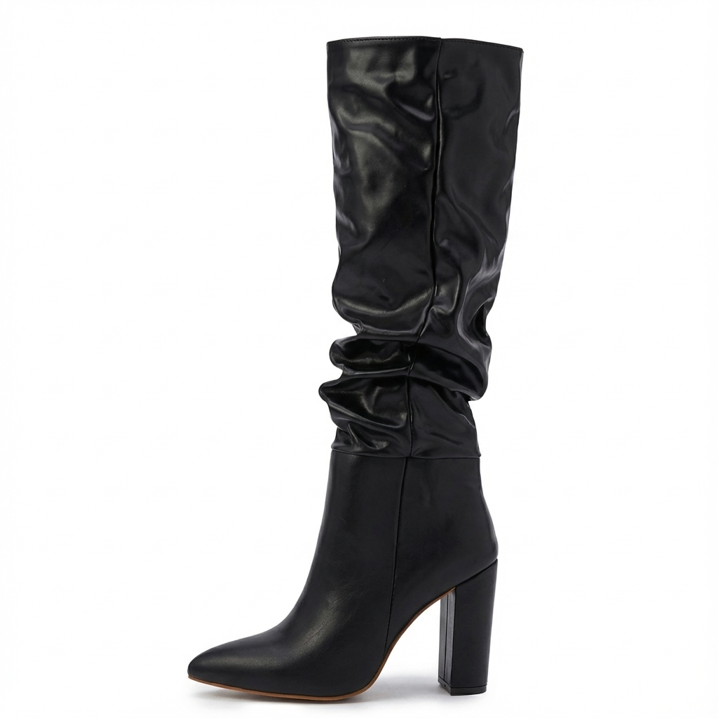 Botte haute noir Simili Cuir Femme - Effet plissé