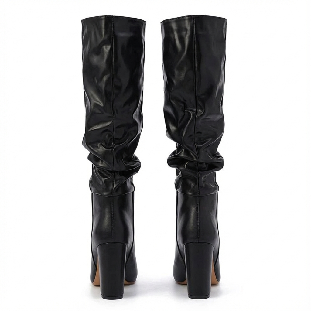 Botte haute noir Simili Cuir Femme - Effet plissé