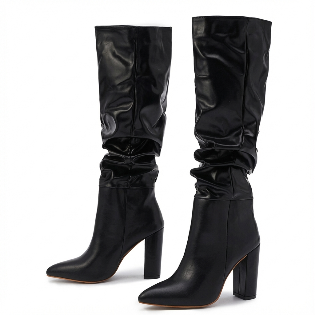 Botte haute noir Simili Cuir Femme - Effet plissé