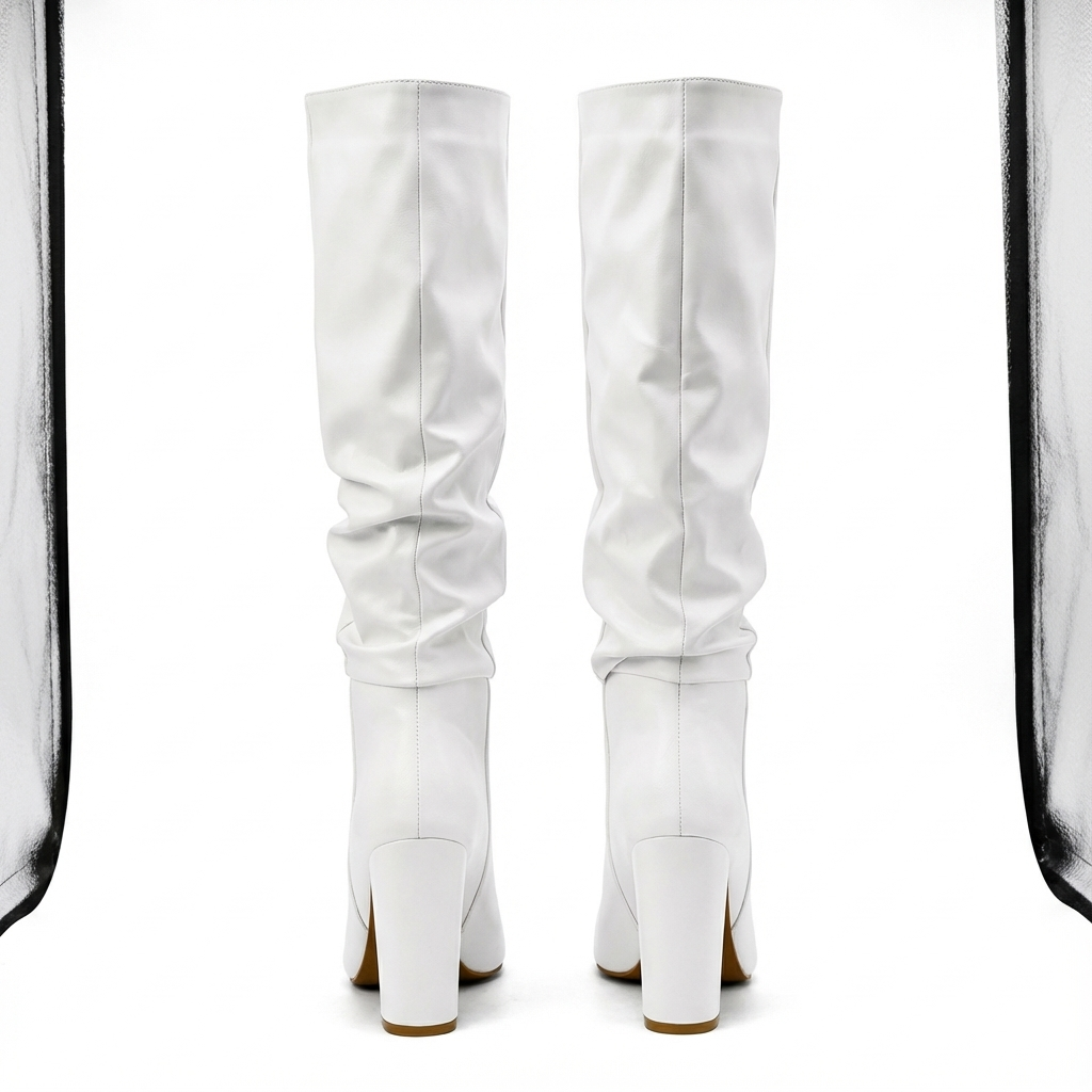 Botte haute blanc Simili Cuir Femme - Tige drapée, bout pointu