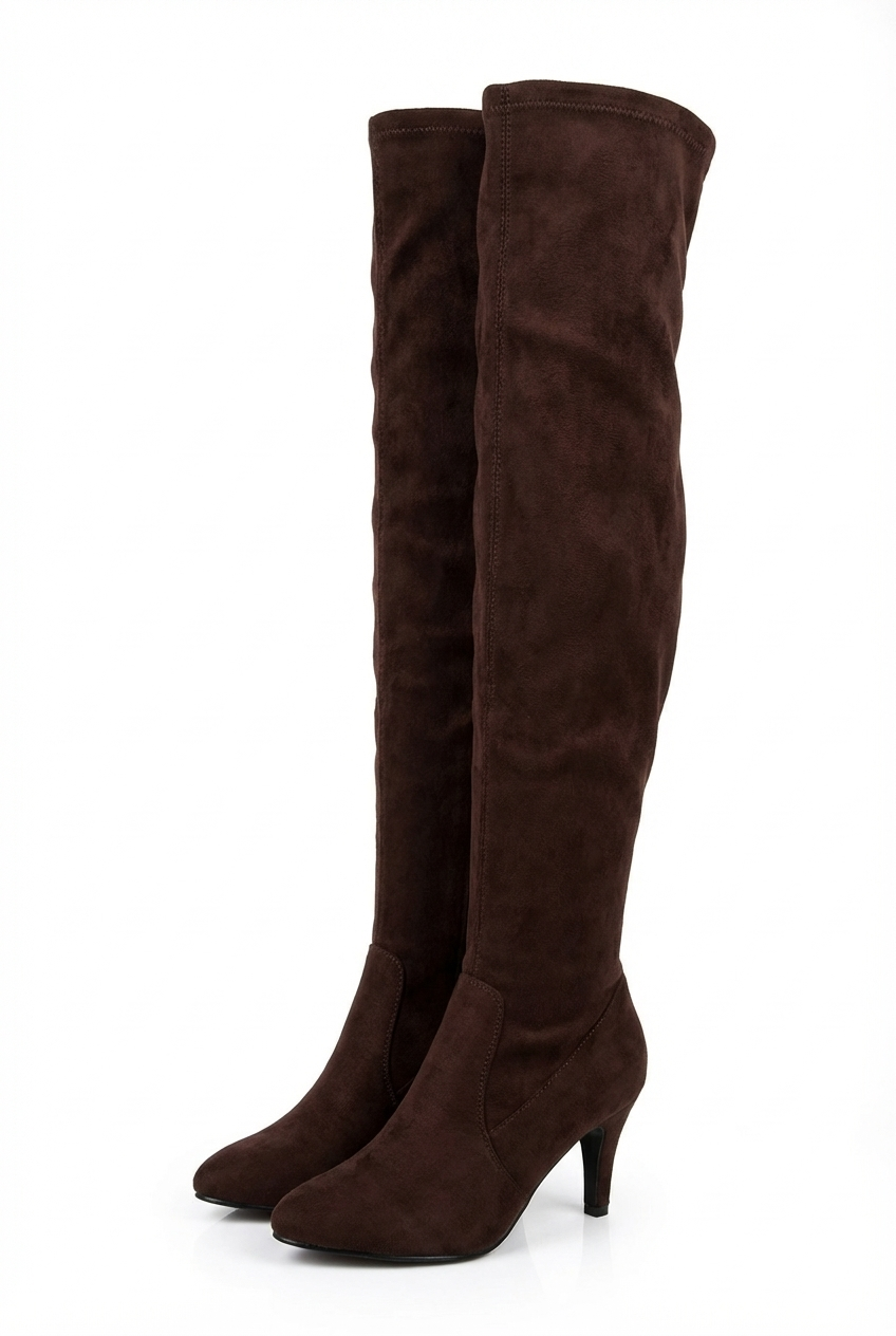 Botte haute marron foncé Daim Synthétique Femme - Cuissarde stretch, talon fin