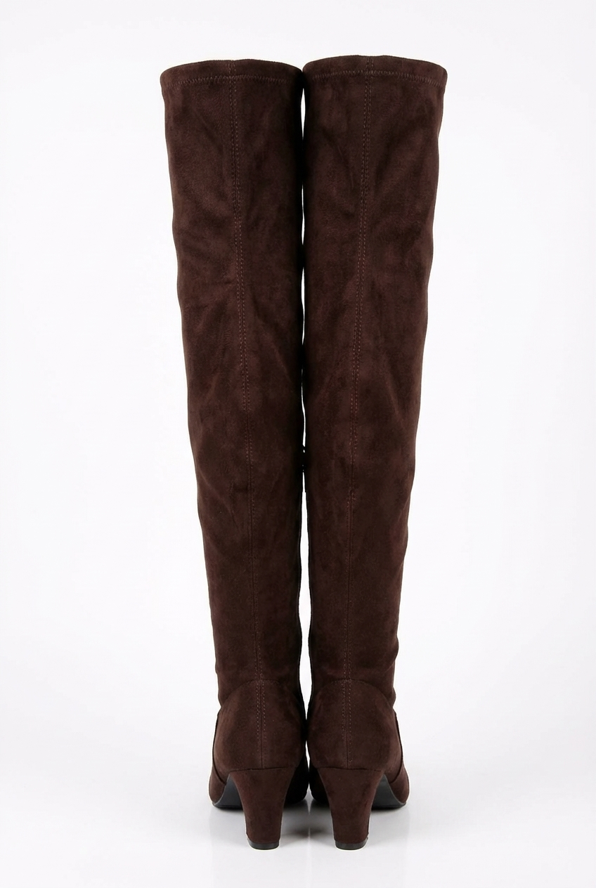Botte haute marron foncé Daim Synthétique Femme - Cuissarde stretch, talon fin