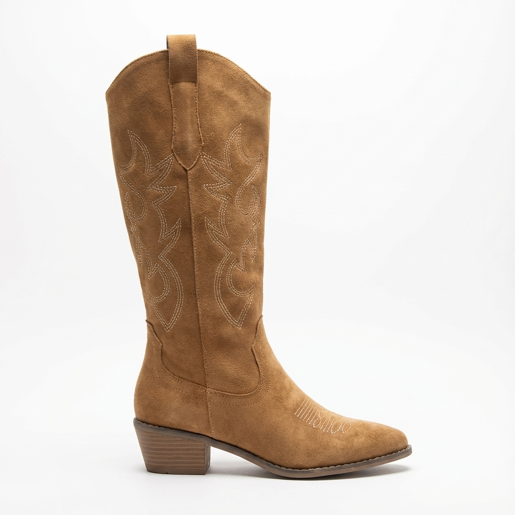 Santiag mi-haute camel Simili Cuir Femme - Broderies western, talon carré