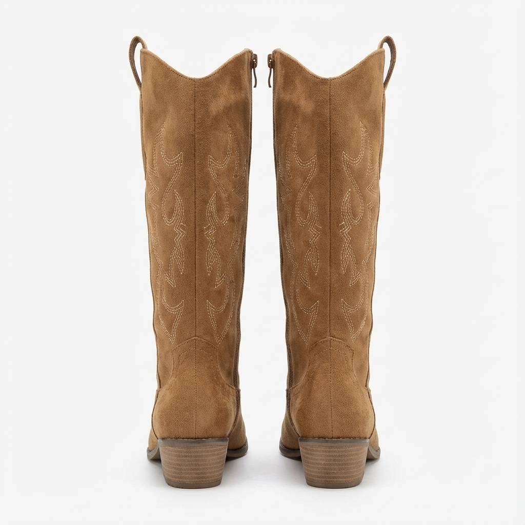 Santiag mi-haute camel Simili Cuir Femme - Broderies western, talon carré